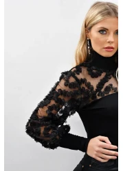 Cool & Sexy Women's Black Sleeves Tulle Ruffle Accessory Blouse BK894