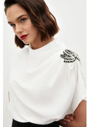 Sateen Casual Blouse with One Shoulder Accessory - Ecru