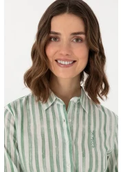 U.S. Polo Assn. قميص نسائي مخطط بأكمام طويلة باللون الأخضر 50299509 -vr054