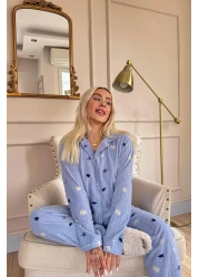 Pijamaevi Blue Pine Patterned Front Buttoned Plush Fleece Pajama Set