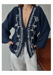 Bak'ap قميص موسلين منقوش عرقيًا ومطرز ممتاز مع تفاصيل جلد