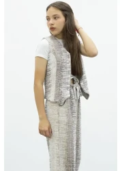 Cansın Mini طقم بناتي مكون من قطعتين مع سترة بأزرار بنية وسروال واسع الأرجل وحزام 21014