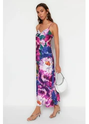  Collection Multicolored Flower Print Straight Cut Strap Midi Satin Woven Dress TWOSS23EL02416