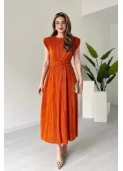 MODAMİNEM فستان دانيال نسائي بتفاصيل أربطة وطيات برتقالية اللون