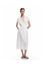 Koton فستان متوسط ​​الطول بدون أكمام ومزدوج الصدر من مزيج الفسكوز والكتان مع تفاصيل حزام