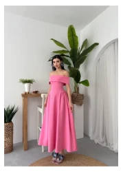 Julidress فستان سهرة طويل بياقة مادونا بطيات طويل وقلم رصاص ممتاز