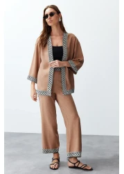  Collection Camel Colored Woven Kimono and Trousers Set - Twoss24Au00094