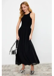  Collection Black Maxi Halter Collar Lined Knitted Woven Mixed Dress TWOSS24EL00143