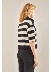 Bianco Lucci سترة نسائية محبوكة كبيرة الحجم مخططة بياقة بولو