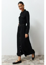  Modest Black Gold Button Detailed Woven Shirt Dress TCTSS24EB00132