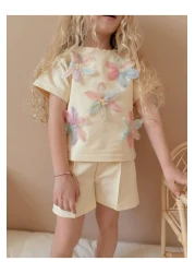 YİGİT BUTİK Yigit Butik Girl's Suit with Floral Embroidered Shorts