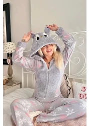 Pijamaevi Gray Snowflake Patterned Women's Fleece Plush Jumpsuit Pajamas