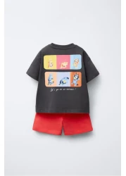 Magu Unisex Kids Cotton Black Red Bluey T-Shirt and Shorts Set