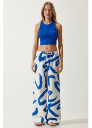 Happiness İstanbul Women's White Blue Patterned Raw Linen Palazzo Trousers BH00397