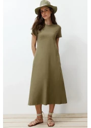  Collection Khaki Pocketed Premium Crew Neck A-Line Knitted Midi Dress TWOSS24EL00169