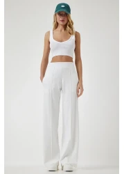 Happiness İstanbul بنطلون رياضي نسائي أبيض عالي الخصر قابل للتمدد BF00030