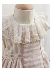 Tongs Baby Elegant Striped Baby Girl Dress - Powder Color Lace Detailed 100% Cotton