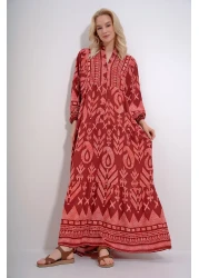 Trend Alaçatı Stili Women's Tile Magnifying Collar Buttoned Skirt Flounced Patterned Maxiboy Dress ALC-X12037