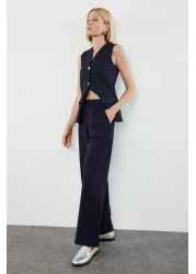  Collection High Waist Wide Leg Dark Navy Pleated Trousers - Twoaw21Pl0076
