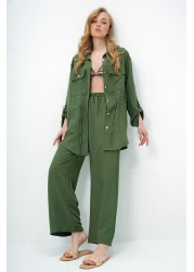Trend Alaçatı Stili بدلة سفاري كاكي بجيب مزدوج للسيدات وبنطلون Aerobin واسع الساق بخصر مطاطي Ymx8448