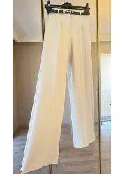 Heyya بنطلون نسائي كلاسيكي عالي الخصر من القماش الكريمي بحزام 110 سم