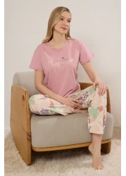  Collection Pink Cotton Floral Slogan Knitted Pajama Set