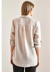 Bianco Lucci قميص مطوية بأكمام منقوشة من الدانتيل للنساء