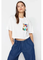  Collection Ecru Crew Neck Crop Knitted T-Shirt - 100% Cotton, Wide Fit TWOSS23TS00369