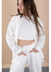 Cansın Mini White Girl's Croplu Stone Shirt and Pants 3 Piece Set 20468