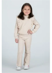 Kyron Girl's Frill Detailed Hooded Knitwear Tracksuit Set - Beige