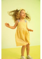 Defacto فستان من قماش البوبلين بحزام رقبة مربعة للفتيات الصغيرات