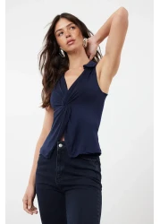  Collection Navy Blue Fitted/Fitted Polo Neck Stretchy Knitted Blouse Twoss24Bz00085