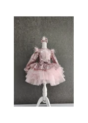 Mashotrend Feather Shoulder V Back Sequined Girls' Dress - Children's Evening Dress - Girls' Evening Dress - Children's Graduation Dress