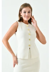vuvutasarım High Waist Midi Length Sleeveless Stretchy Knitwear Set - Buttoned Vest, Ecru 5155