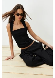  Collection Black Solid Square Neck Straps Shirred Fitted/Fitted Stretchy Knitted Blouse Twoss24Bz00400