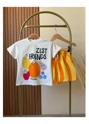 Magu Unisex Kids Cotton White Zest Friends Printed T-Shirt and Orange Shorts Set