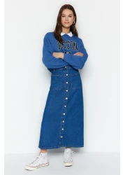  Collection High Waist Dark Indigo Maxi Denim Jeans Skirt - Double Pockets and Front Buttoned Tctss23Ee00002