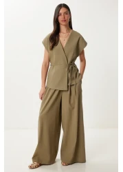Happiness İstanbul Women's Khaki Linen Vest Pants Suit No00020