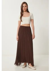 Happiness İstanbul تنورة شيفون ذات ثنيات بنية اللون للنساء DP00237