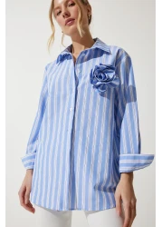 Happiness İstanbul قميص نسائي أزرق سماوي فاخر مزين بالزهور UL00015