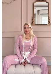 Pijamaevi Pink Point Patterned Pegasus Pajama Set with Dressing Gown
