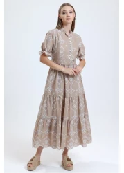 MD trend Women's Beige Collar Lined Buttoned Short Sleeve Long Scallop Dress