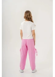 Magu Girl's Cotton White Floral Printed T-Shirt and Pink Pocket Pants Set