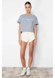  Collection Gray 100% Cotton Slogan Printed Relaxed/Wide Relaxed Cut Knitted T-Shirt TWOSS19GH0034