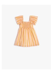 Koton Dress Ruffled Short Bell Sleeves Cotton Lined Floral Embroidery Detailed