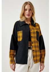 Happiness İstanbul قميص نسائي منسوج من الجلد المدبوغ بلون الخردل الأسود WF00064