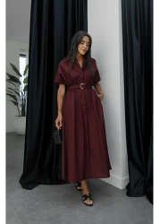 Havoş فستان سولارو باللون العنابي مع تفاصيل حزام