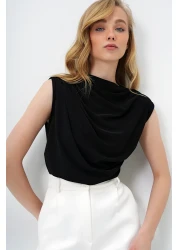 Trend Alaçatı Stili Women's Black High Collar Shoulder Draped Sleeveless Sandy Blouse ALC-X10021