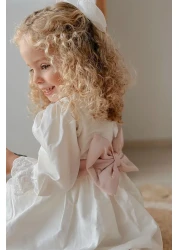 Le Mabelle Ecru Vintage Girls' Dress with Pearls on the Front - Joana