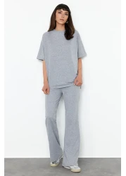  Collection طقم تي شيرت وبنطلون قطن رمادي كبير الحجم - ساق إسبانية 100% قطن TWOSS24AU00059